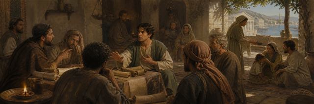 A young Timothy calming debate around blank scrolls while neighbors care for a child nearby